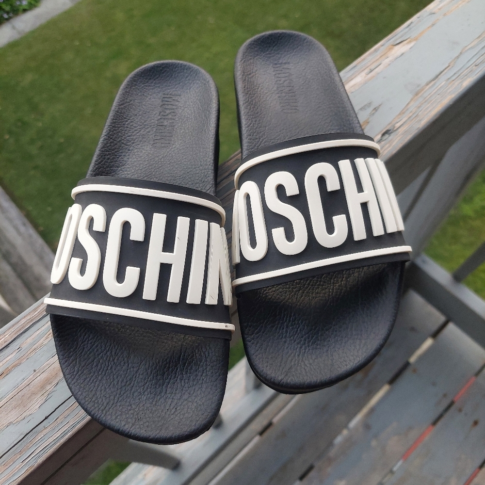 Moschino Platform Slides Sandals Logo White Black Women's Size 39 Italy 8.5-9